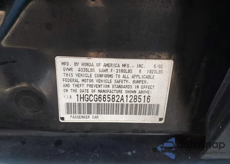 2002 Honda Accord 2.3 Lx from USA, damaged, VIN 1HGCG66582A128516